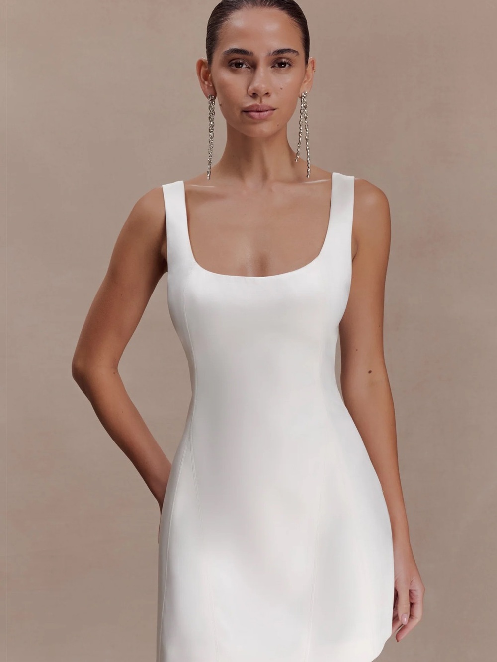 Meshki White Satin Scoop Neck Wedding Dress